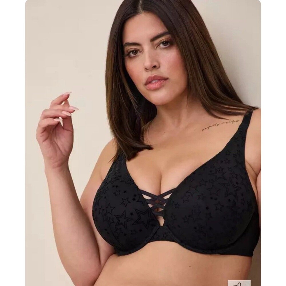 New Torrid Curve 44D Push Up Plunge Bra Black Goth Gothic Stars Punk NWT
